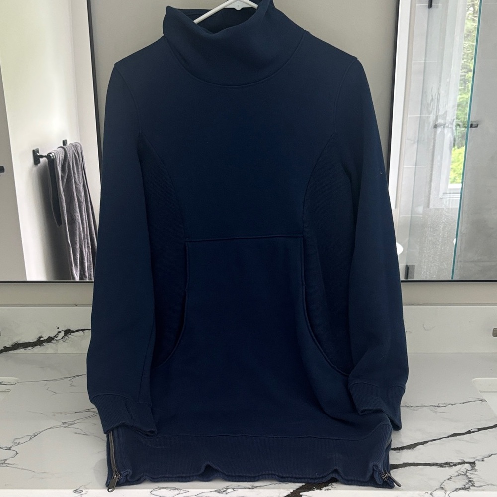 Athleta Cozy Navy Funnel Neck Pullover with Front Pocket